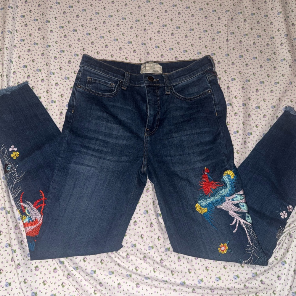 Free People Dark Blue Embroidered Straight Leg Jeans